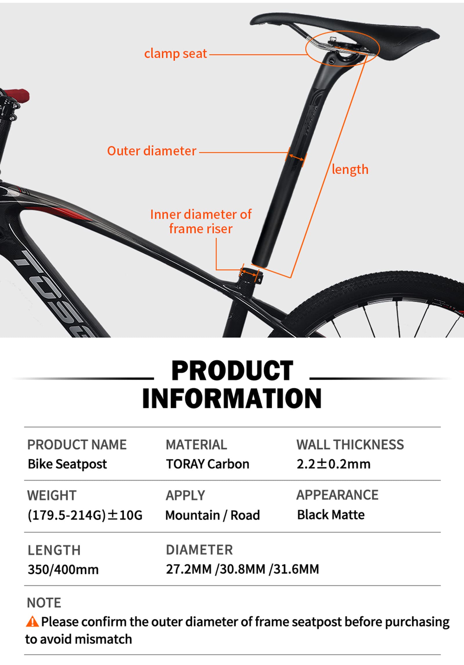 Amazon | カーボンシートポスト 27.2/30.8/31.6mm マットブラック MTB